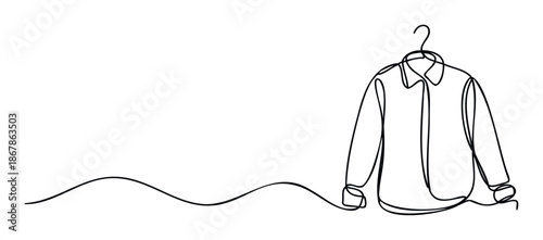 A continuous line drawing of a minimalist longsleeved shirt hanging on a clothes hanger, perfect for illustrating laundry services, fashion blogs, or clothing store promotions.