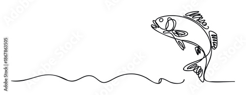 Graceful continuous line drawing of a leaping fish over wavy water, ideal for modern aquatic branding, logo creation, or clean graphic elements in marine and nature promotions.
