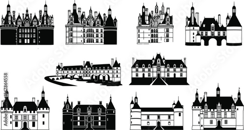 Collection of black vector silhouettes of medieval castles, royal palaces, and historic fortresses with towers, isolated architecture illustration on white background.