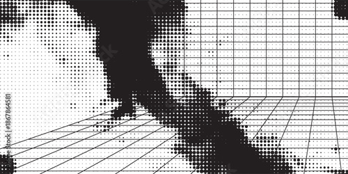 Detailed black and white halftone map with abstract landmasses and a perspective grid.