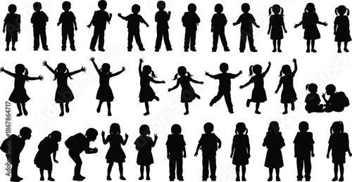 Large collection of black silhouettes showing happy children, active kids playing, jumping, running, and students going to school with backpacks, vector illustration.