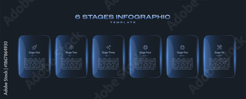 Dark Minimal Tech Infographic Template with Neon Blue Gradient 6 Steps or Stages Vector Diagram for AI Data Analysis Semiconductor UI Interface Layout