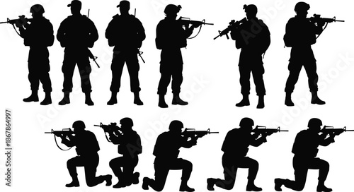 Military and police tactical unit soldier silhouettes set, standing and kneeling with rifles, black armed security personnel vector graphic illustration collection on white background.