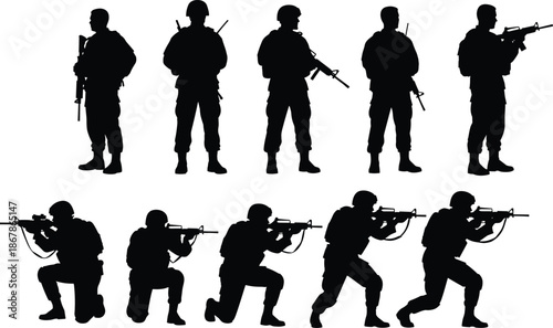 Military Soldiers Silhouette Vector Illustration Set, Army Special Forces in Combat Poses, Infantry Patrol Standing and Kneeling with Rifles, War Graphic Design Element