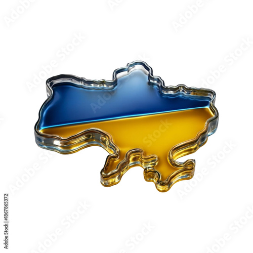 Ukraine Map 3D Glass Icon Blue and Yellow Flag