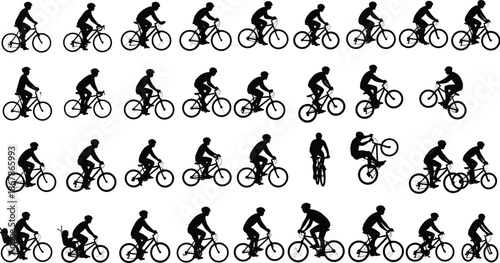 Mountain biking cyclist silhouette sequence, BMX and road cycling poses, dynamic sports motion set, black vector illustration, isolated white background collection design