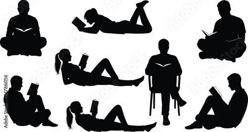 Music band performance silhouettes set, vector illustration of musicians playing guitar and singers at microphones, ideal for concert, entertainment, nightlife, and live show graphic design projects, 