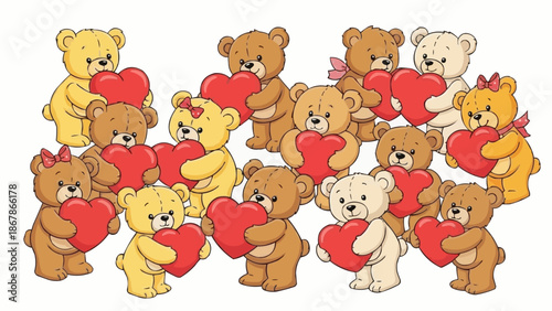Group of cute teddy bears holding red hearts together.
