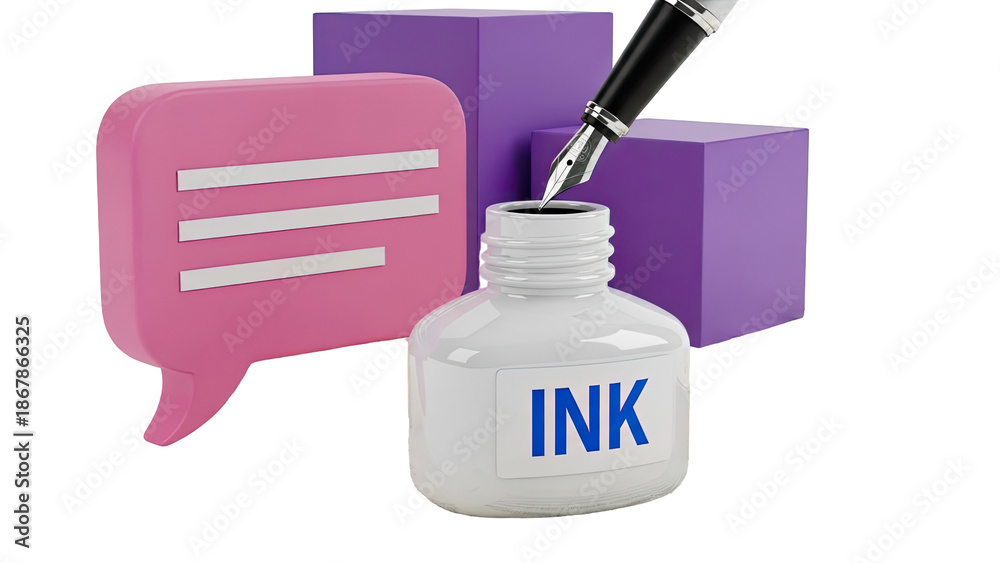 Fototapeta premium Fountain Pen Dipping into Ink Bottle Beside Chat Bubble and Cubes
