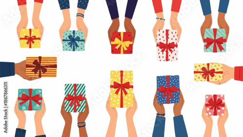 Diverse Hands Holding Wrapped Gift Boxes Celebration.