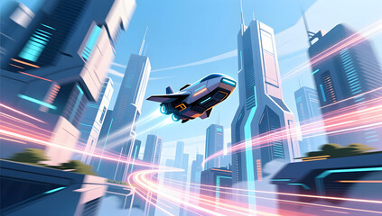 Flying vehicles traveling through future city skylines