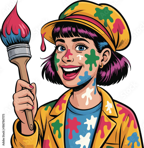 Happy Female Artist Covered in Paint Splatters Holding a Large Paintbrush IllustrationHappy Female Artist Covered in Paint Splatters Holding a Large Paintbrush Illustration