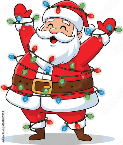 Cartoon Santa Claus tangled in colorful Christmas lights with joyful pose, festive vector illustration for holiday design and decoration