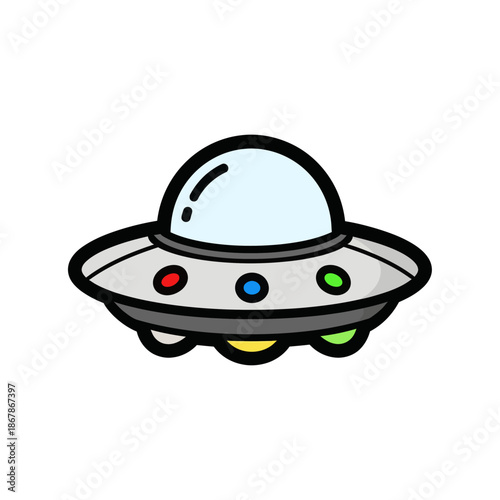 Cartoon flying saucer with colorful lights, isolated on white background
