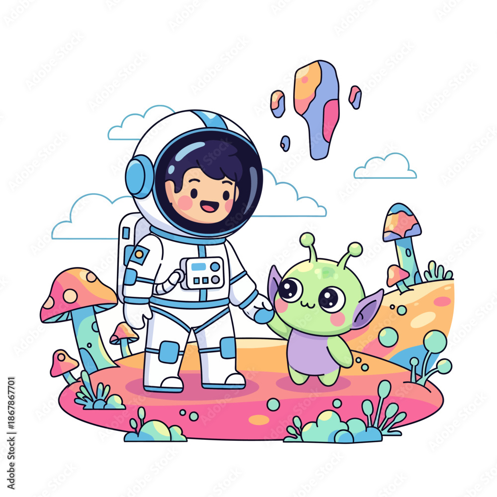 Naklejka premium Cute astronaut and alien friends on a colorful alien planet with mushrooms and floating rocks