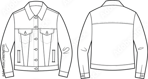 Classic Denim Trucker Jacket Technical Flat Sketch, Button-up Jean Jacket Vector Template, Front and Back View Fashion Illustration Design