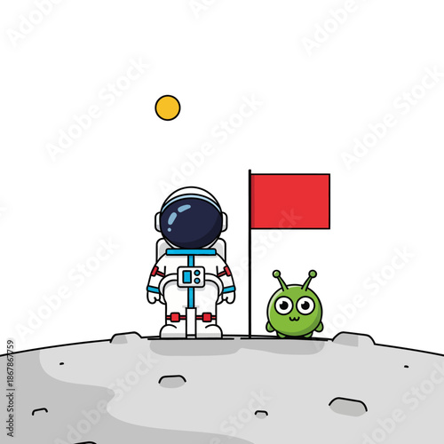 Astronaut and cute alien on moon surface with red flag and sun, space exploration concept