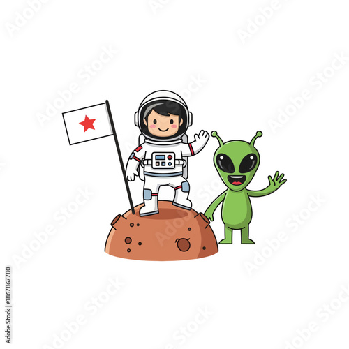 Astronaut and Alien Friends on Planet Surface, Waving Hello
