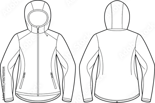 Women's Performance Fleece Hoodie Technical Flat Sketch, Full Zip Activewear Jacket Vector Template, Front and Back View Fashion Design Illustration