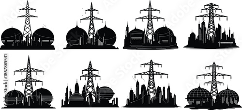 Collection of industrial city silhouette icons featuring high voltage power transmission towers electric grids and futuristic urban skylines on white background