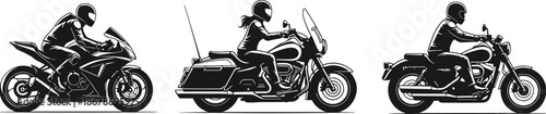 Motorcycle rider silhouette set showing sport touring and cruiser bikes in side view black vector illustration for racing travel design
