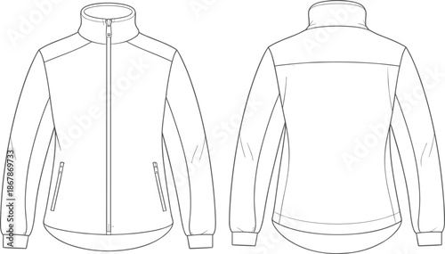 Women's Technical Zip-up Fleece Jacket Flat Sketch, Long Sleeve Sporty Outerwear Vector Template with Pockets, Front and Back View Illustration