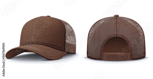 Brown trucker cap, front and back view. Mesh back, adjustable closure, solid front