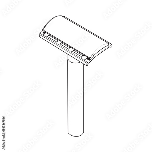 Classic safety razor vector outline illustration. Line art design of a double edge shaving tool isolated on a white background. Suitable for barber shop icons, grooming guides, or coloring pages.