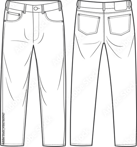 Men's Classic Denim Jeans Technical Flat Sketch, Five Pocket Slim Fit Pants Vector Template, Front and Back View Fashion Illustration