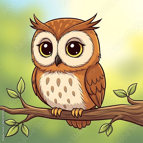 Cartoon owl perched on branch outdoors.