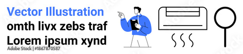 Data analysis, home appliances, air quality, indoor comfort, research tools, investigation. Man pointing with clipboard, an air conditioner and magnifying glass icon. Data analysis and home