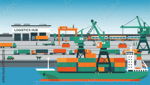 Modern logistics hub with cargo ship and cranes.