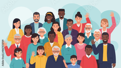 Diverse Group of People Standing Together Smiling and Waving.