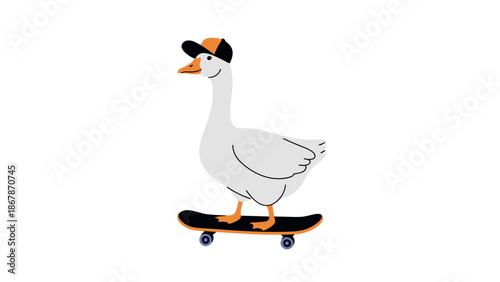 A cartoon goose rides a skateboard in a fun and playful illustration.