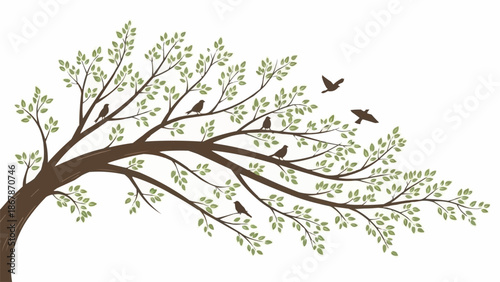 Silhouette of birds flying from a tree branches.