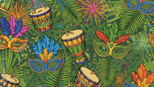 A vibrant and colorful illustration of Mardi Gras masks and drums surrounded by lush tropical leaves and flowers