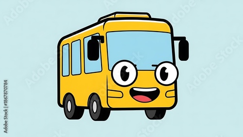 Smiling cartoon school bus character vehicle.