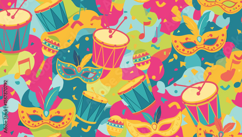 A vibrant and colorful illustration of Mardi Gras masks and drums in a festive pattern