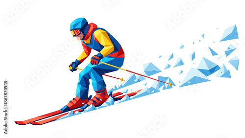 A colorful vector graphic of a skier in motion on a snowy slope