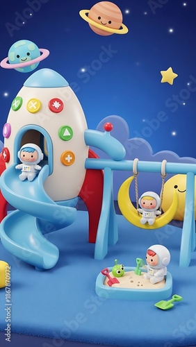 Children playing on space themed playground.