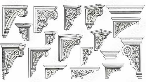 Collection of ornate architectural corbels and brackets in vintage style.
