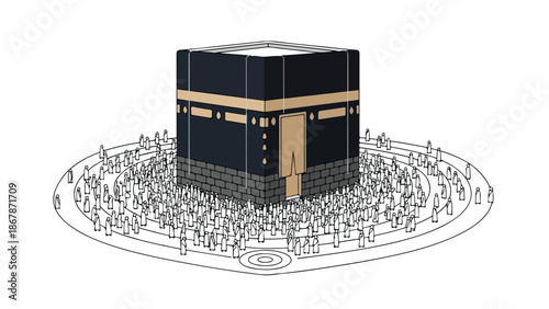 Simplified Vector Illustration of Kaaba and Pilgrims Performing Tawaf Hajj isolated on White