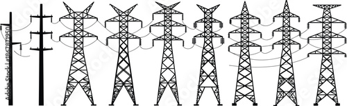 Electric transmission tower and utility pole silhouette vector set showing infrastructure evolution for energy, power grid, and industrial design.