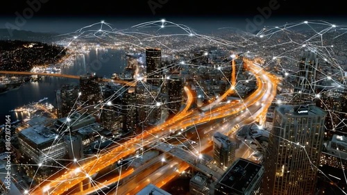 Wallpaper Mural Networked Metropolis: An intricate network of data streams intertwines above a modern cityscape, representing the seamless connectivity of our digital age. Torontodigital.ca