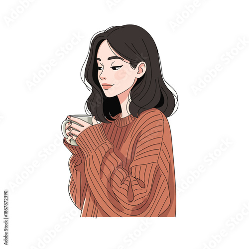 Cozy woman in knitted sweater holding a warm mug, enjoying a peaceful moment.