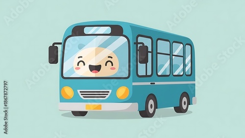 Happy cartoon blue bus vehicle smiling.