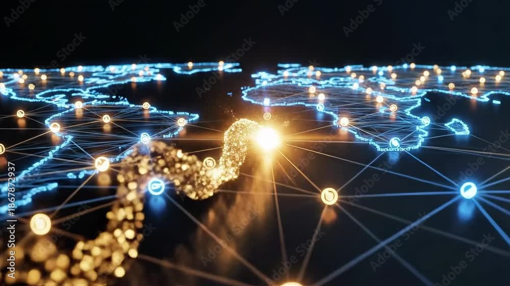 A digital representation of a world map with glowing blue lines and ...