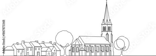 Minimal line art village church skyline illustration featuring European houses trees architecture townscape vector design isolated black white outline drawing