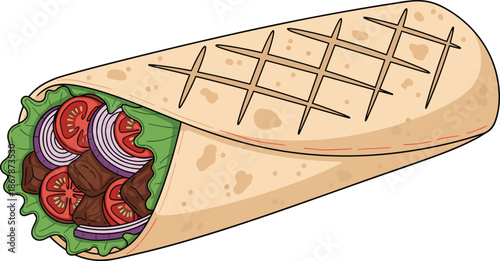 Grilled wrap with tortilla, meat, lettuce, tomato and onion, colorful food vector for menu, culinary and snack themes.