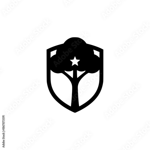 Tree logo silhouette inside shield with star.